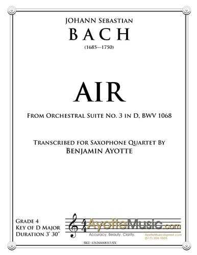 Bach - Air from Orchestral Suite No. 3 in D for Saxophone Quartet (Digital PDF Download)