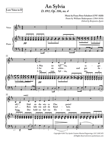 Schubert - An Sylvia for Low Voice in D Major (Digital PDF Download)
