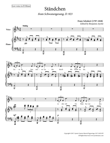 Schubert - Standchen for Low Voice in B minor (Digital PDF Download)