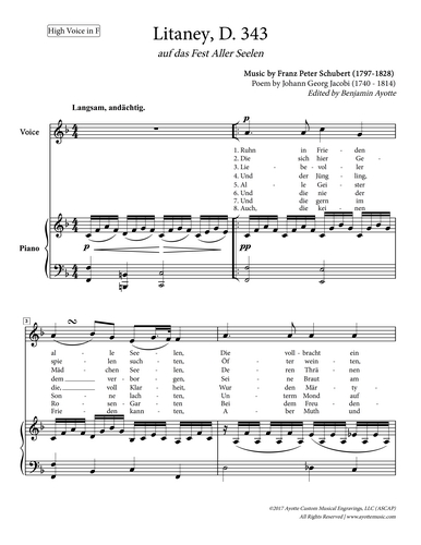 Schubert - Litanei for High  Voice in F major (Digital PDF Download)