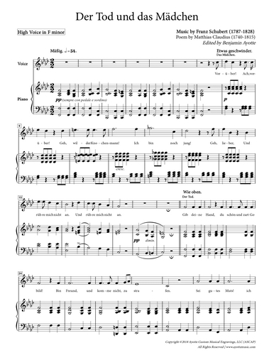 Der Tod und Das Madchen for Medium Voice in F minor (Digital PDF Download)